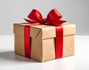 Obraz premium Elegant brown gift box, meticulously wrapped and adorned with a bright red satin ribbon and a beautiful bow, stands ready for a joyful celebration.