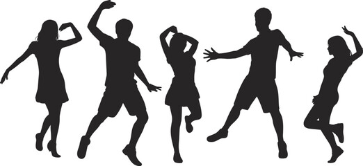 PrintBlack Silhouette Vector of Five People Dancing Energetically, Celebrating Music, Party, Freedom, Nightlife, Youth, Excitement, Fun, and Vibrant Celebration on a White Background.