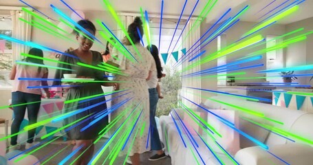 grabbing plates, woman in green dress moving into kitchen, animated icons guiding party service