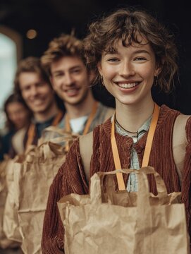 ecofriendly volunteer activation diverse young adults with recyclable paper bags  sustainable community engagement and interactive health fair setup