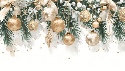 Watercolor holiday arrangement with golden balls, pine cones, and holly