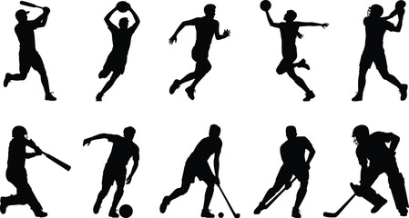 Diverse Sports Player Silhouettes in Action Poses on White Background athlete baseball