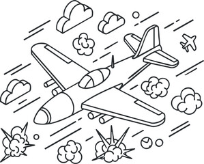 An outline illustration of a military airplane flying through clouds and explosions in minimalist vector style, suitable for adventure-themed designs