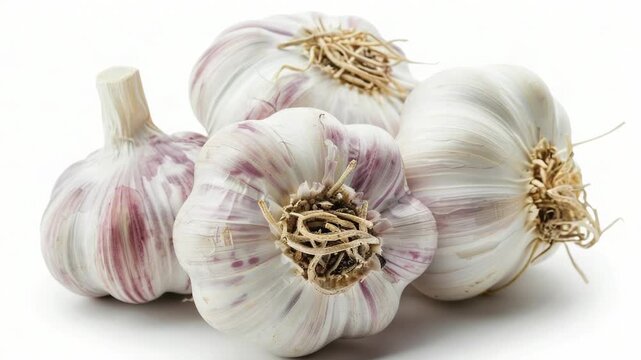 Video Freshly cut garlic heads sit on a clean white surface, great for culinary or editorial use