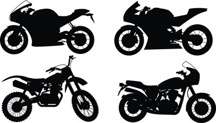 Obraz premium Four distinct black silhouette styles of motorcycles including sport bikes and dirt bikes motorbike