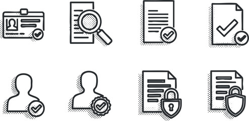 A collection of identity verification icons featuring profiles, documents, and security checks in minimalist vector outline style, suitable for professional and business applications