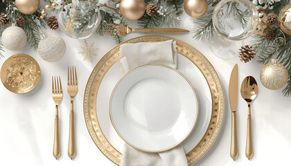 Detail of Christmas decoration with transparent glasses, metallic ornaments, and snowy branches &mdash; lifestyle, party decor, high resolution