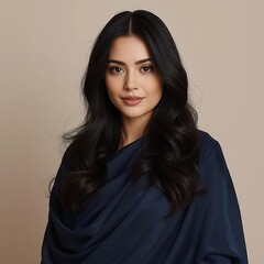Portrait of a beautiful young woman with long dark wavy hair wearing a dark scarf looking directly at the camera with a gentle expression