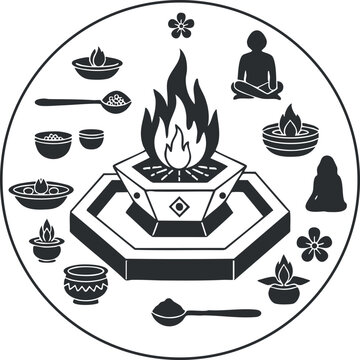 A sacred fire altar with bowls and meditative figures in black and white minimalist vector style, ideal for spiritual designs
