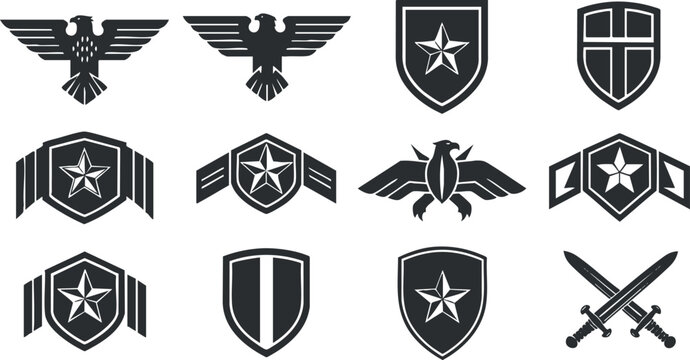 A collection of military-inspired emblems and shields featuring stars and eagles in black and white vector style, suitable for branding and logos