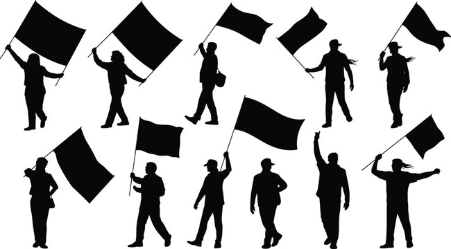 Silhouettes of people holding and waving black flags waving flag holding flag