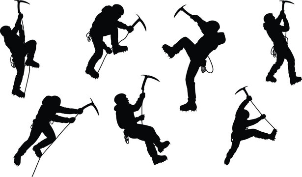 Silhouettes of mountaineers climbing with ice axes and ropes on white background Keywords: silhouette, climber, mountaineer