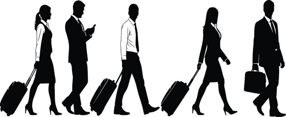 PrintBusiness Travelers Silhouettes Walking and Carrying Luggage, Professional Men and Women with Suitcases, Vector Illustration of Business Trip Commuters Isolated on White Background