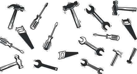 Naklejka premium A collection of hand tools including hammers, wrenches, and screwdrivers in black and white vector style, ideal for construction and repair projects