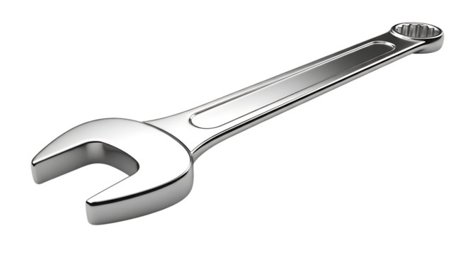 Polished Metal Combination Wrench, Open End and Box End, cutout, PNG isolated on white or transparent background