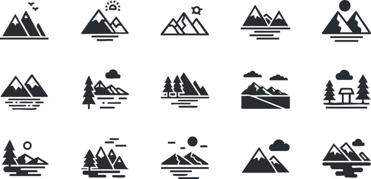 A collection of mountain landscape icons in black and white minimalist vector style, ideal for outdoor adventure branding