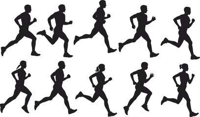 Collection of diverse male and female running silhouettes in motion, illustrating fitness, marathon training, active lifestyle, competitive sports, and healthy achievement