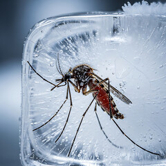 Frozen mosquito encapsulated within an ice cube