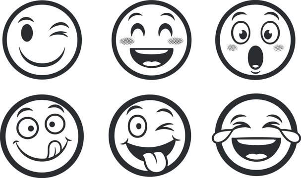 A set of six expressive smiley faces in black and white vector style, perfect for digital communication and design projects