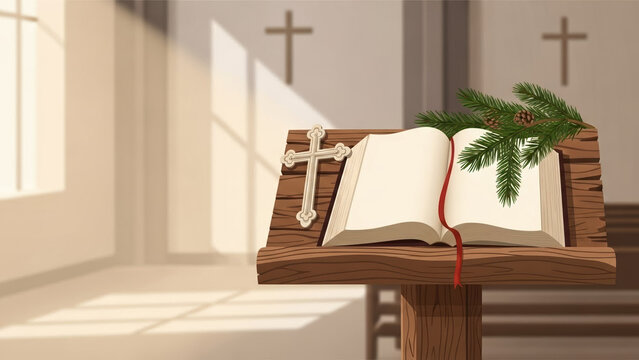 Christmas Bible with wooden stand, decorative evergreen branch and cross in church interior. Christmas setting includes light streaming through windows highlighting sacred text on altar.