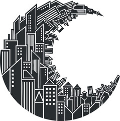 A crescent moon shape filled with a city skyline in black and white vector style, ideal for urban-themed projects