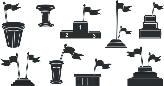A collection of trophies and podiums with flags in black outline vector style, ideal for award ceremonies and competition graphics