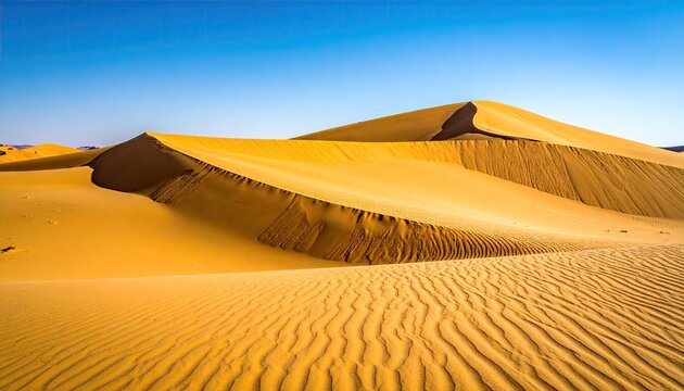 Vast Golden Sand Dunes Under A Bright Clear Blue Sky During Daylight In A Desert Landscape