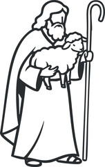 A shepherd holding a lamb in a minimalist outline vector style, ideal for religious themes and storytelling