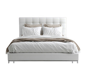 Modern white bed with upholstered headboard pillows and blanket isolated on white background for interior design mockups