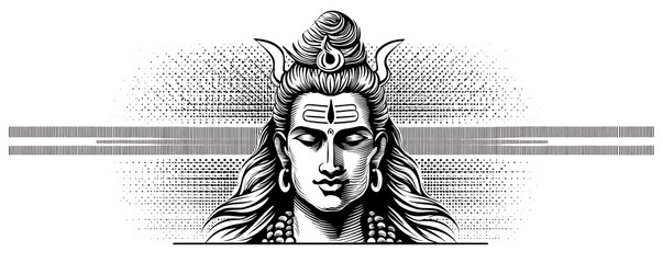 Black and white Lord Shiva line art with halftone engraving style for spiritual design, ideal for spiritual design, tattoo concepts, meditation themes, and sacred artwork.