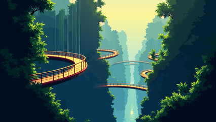 Detailed Anime Forest Canopy Walk Vector Background