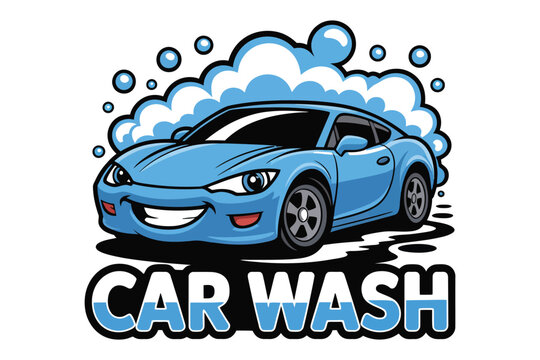 Smiling blue sports car wash logo with soap bubbles and bold CAR WASH text for auto detailing branding