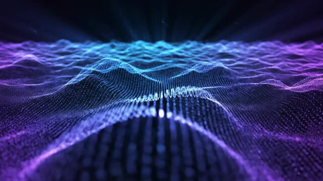 Seamlessly looping dimensional digital wave flow background in deep blue and purple hues creating a future technology concept energy, digital, clean