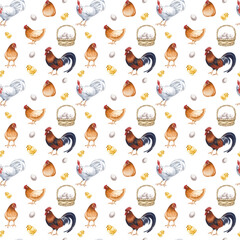 Seamless pattern with farm birds on a white background. Watercolor illustration of hens, roosters, chickens, eggs and baskets in natural colors. Vintage realistic template for packaging farm products