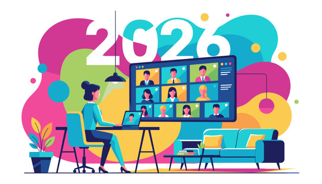 2026 remote work trends Woman in virtual video meeting with team on screen