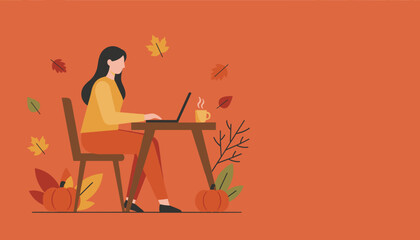 Fototapeta premium Cozy autumn remote work scene Woman uses laptop with hot drink and fall decorations