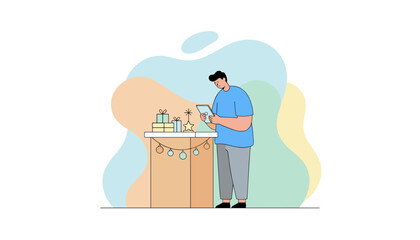 Preparing for holidays man uses tablet near decorated table with gifts