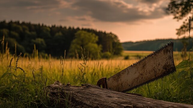 Rustic logging tool rests on weathered wood against a backdrop of sunlit field and forest