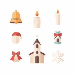 Obraz premium Festive Christmas icons including bell, candles, Santa face, church with bow, and snowflake. Christmas-themed images feature colorful decorations and symbols representing joy and celebration.
