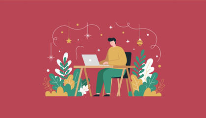 Remote worker using laptop at a festive desk surrounded by holiday decor and plants Illustration