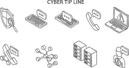 A collection of cyber safety icons including a shield, computer, phone, and alert symbols in minimalist line art style, suitable for cybersecurity awareness campaigns