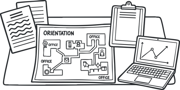 A detailed orientation map with office layout, alongside a laptop, clipboard, and documents in minimalist outline vector style, ideal for workplace training materials