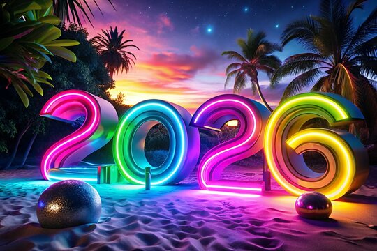 Vibrant neon 2026 sign illuminates tropical beach at sunset