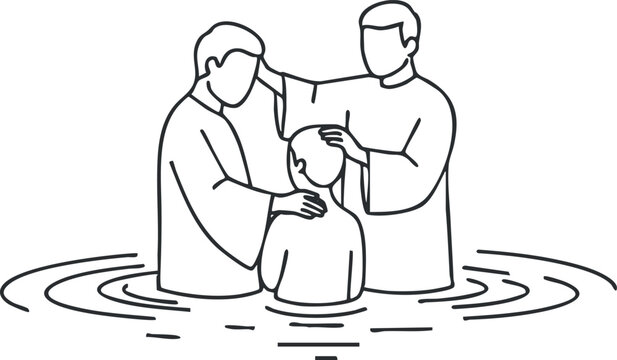 A baptism ceremony illustration featuring two adults and a child in minimalist outline vector style, suitable for religious and spiritual themes