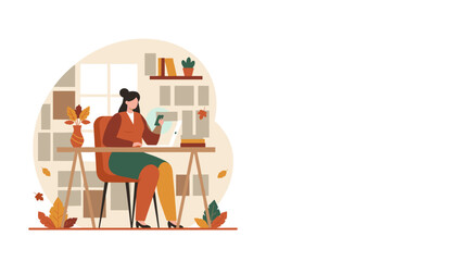 Woman working from home office using phone and laptop in autumn setting Remote work concept