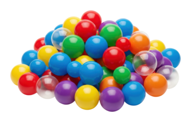 Colorful plastic balls pile playroom toy collection top view isolated on transparent background