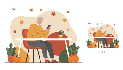 Senior man using smartphone at an outdoor autumn table surrounded by pumpkins and fall leaves