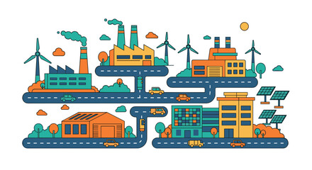 Naklejka premium Urban industrial landscape flat design featuring factories renewable energy sources and city transportation