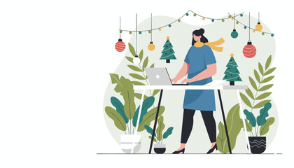 Woman working on laptop in a festive home office decorated with plants and Christmas lights Remote holiday work