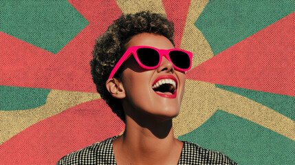 Bold woman wearing sunglasses in pop art style smiling with colorful background